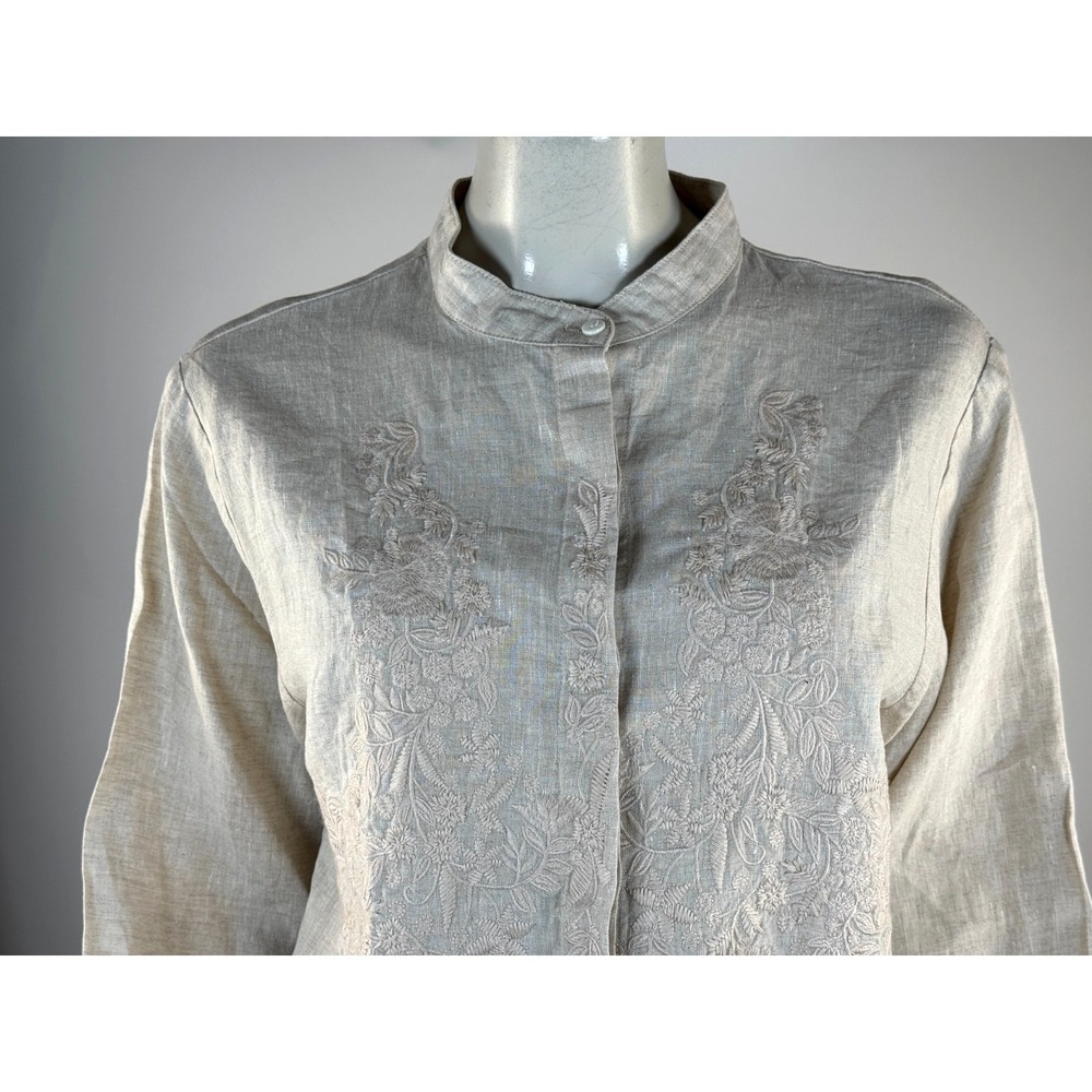 Buykud Linen Embroidered Front Tunic Top Women L NWT Long Sleeve Button-up Shirt